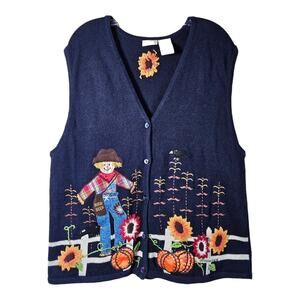 BOBBIE BROOKS Women's XL Sweater Vest Embroidered Beads Scarecrow Sunflowers 42"